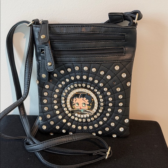 Black faux leather Betty Boop crossbody purse with rhinestone accents - Picture 2 of 2